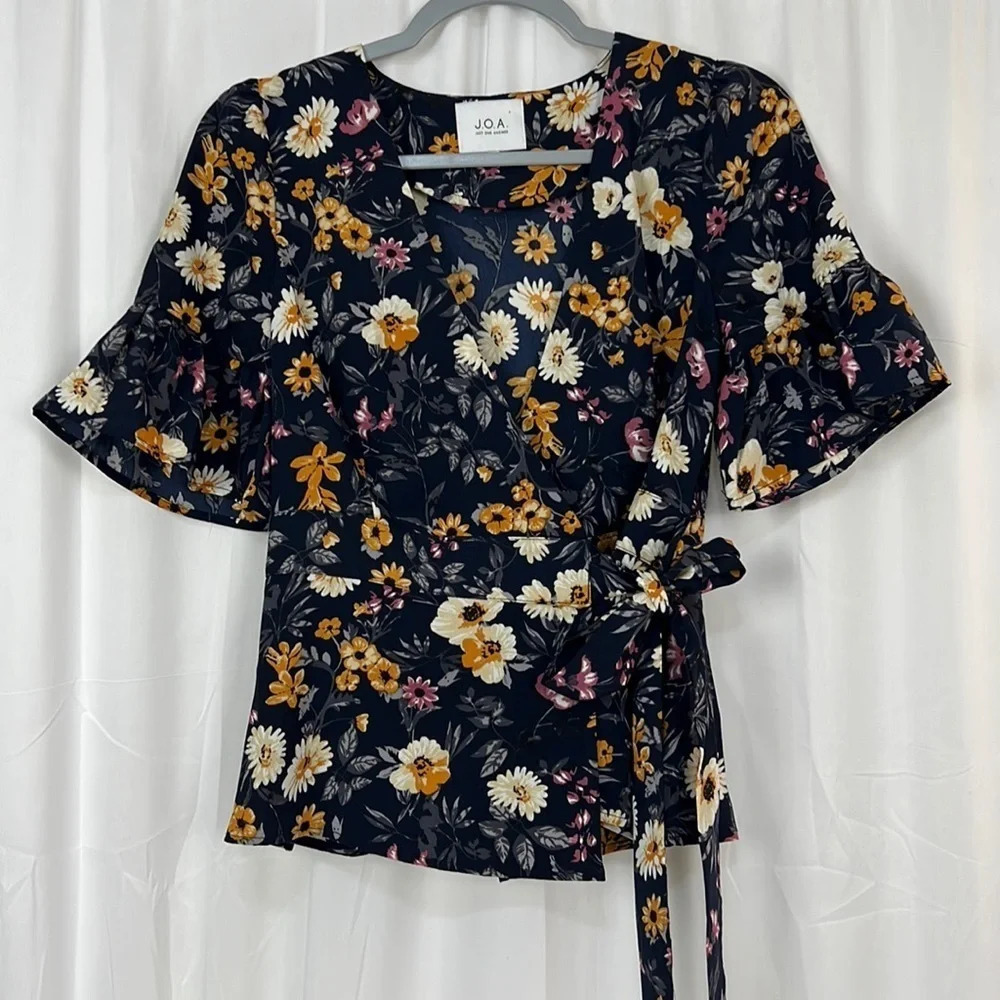 J.O.A. Floral Wrap Top with Yellow & Pink and Rust Accents